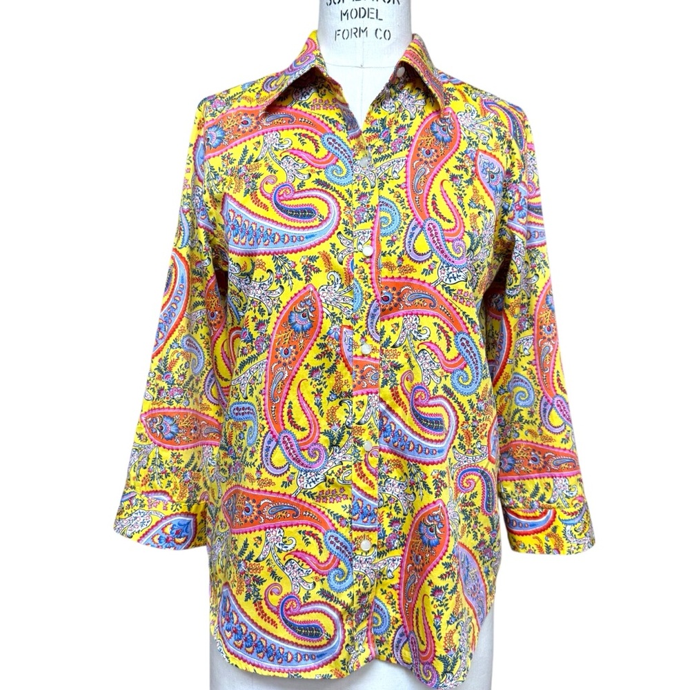Ralph Lauren Button Down Paisley Shirt Size M Yellow 3/4 Sleeves Preppy - Picture 1 of 11